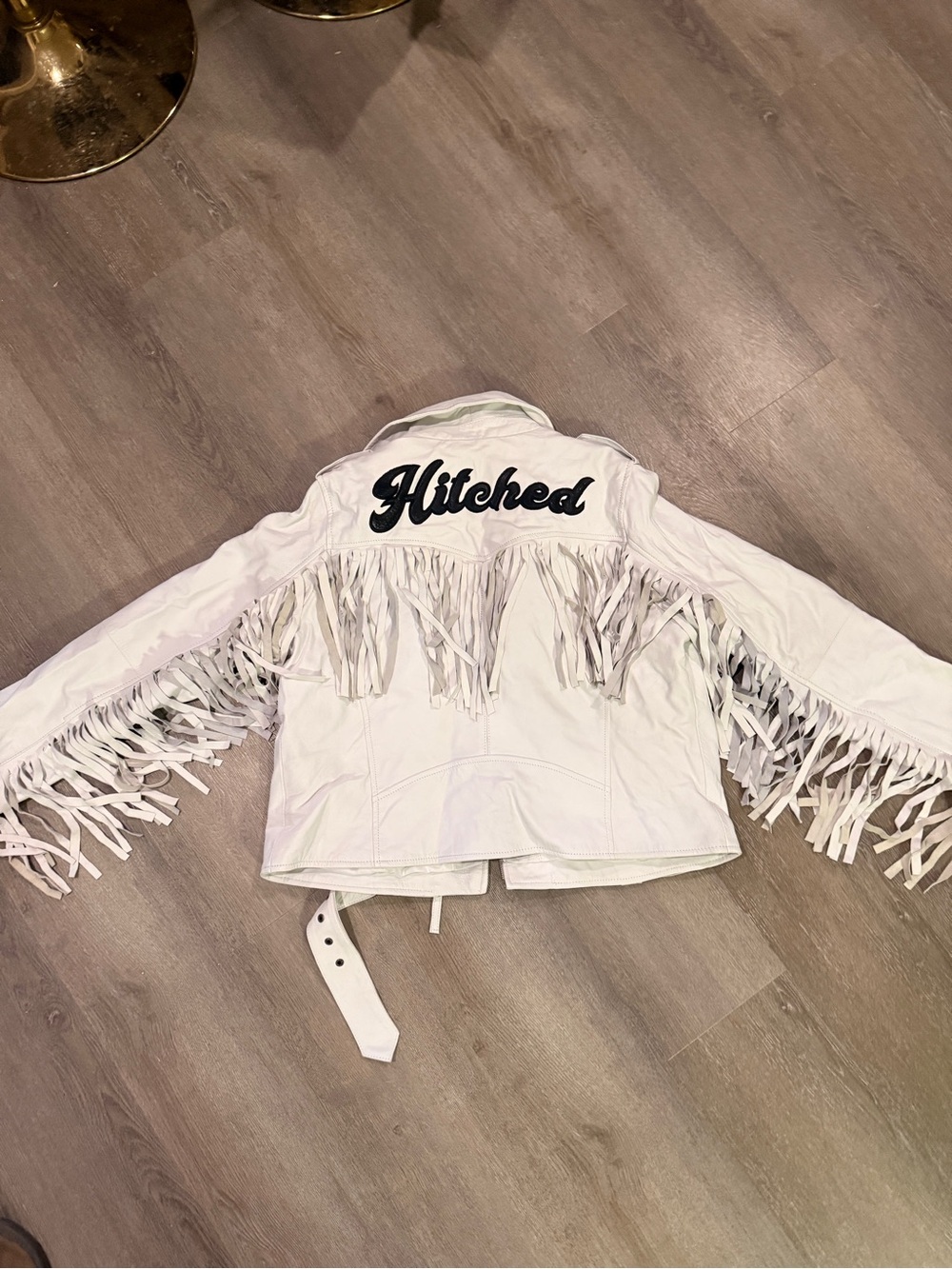Nasty Gal White Fringe Leather Jacket with 'Hitched' Script
